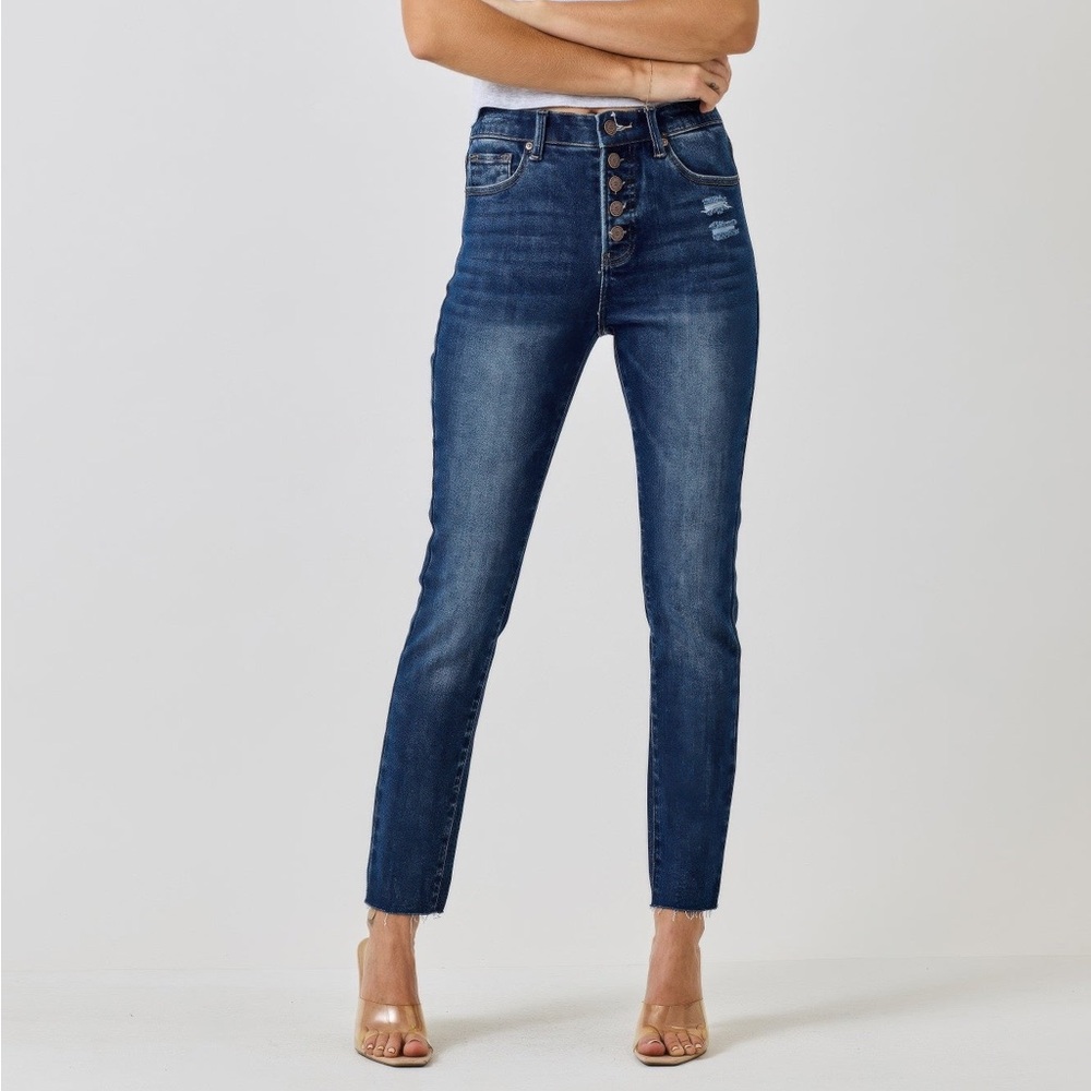 High Rise Ankle Skinny Pants With Button Fly